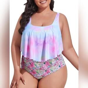 NWT Mooncore Two Piece Flounce Tankini High Waisted Swimsuit, 4XL (22W)